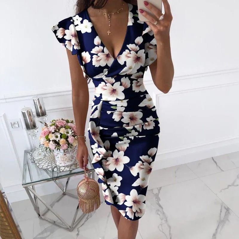 Party Dresses Ladies Summer Knee-Length Dress Print V-neck Slim Waist Ruffled Buttocks Hips For Women Sexy Fashion Office Clothes