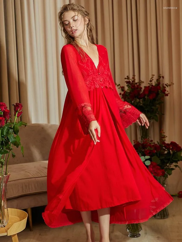 Damen-Nachtwäsche, Vintage-Rot, 2-teiliges Robe-Set für Damen, Langarm, königliche Stickerei, Spitze, sexy Nachtwäsche, Braut-Hochzeitsschlaf