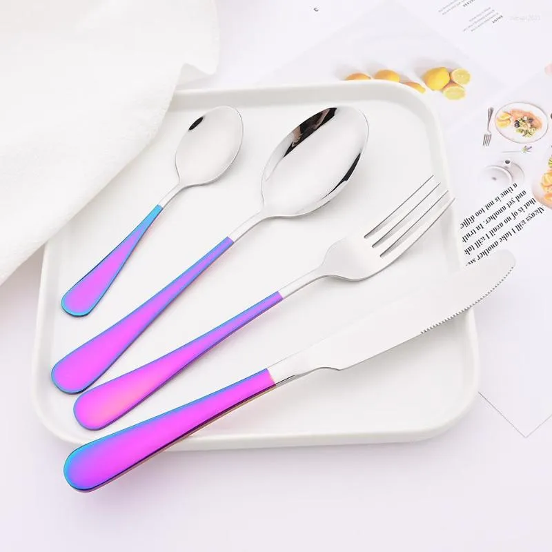Dinnerware Sets 4Pcs Silver Cutlery Set Knife Fruit Fork Tea Spoon Colorful Handle Stainless Steel Tableware Party Kitchen Tool