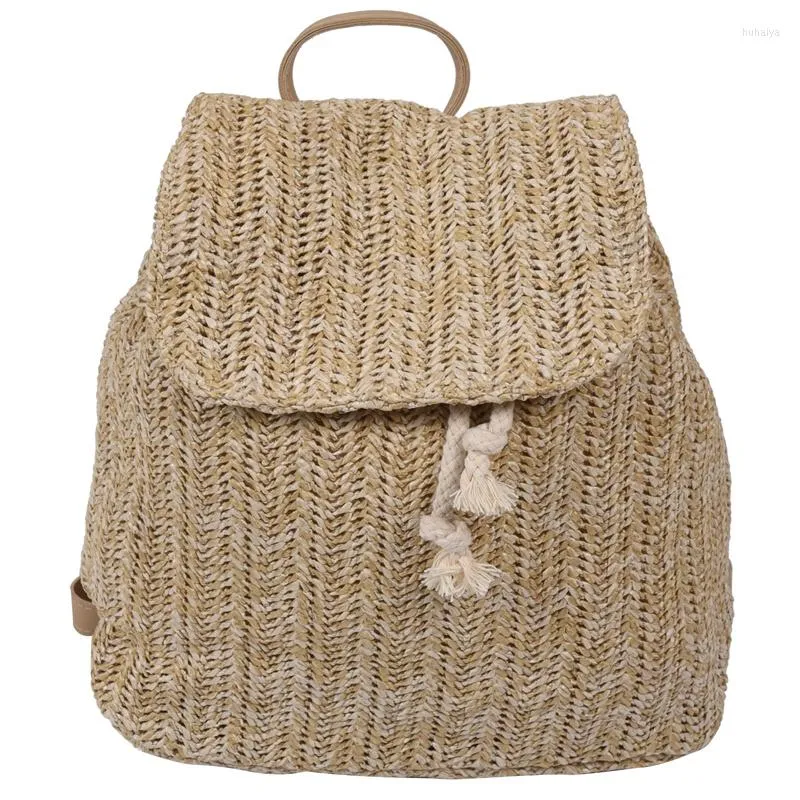 Backpack KF-Fashion Straw Tolo ladras de ombro de feminino Livros de viagem feminino