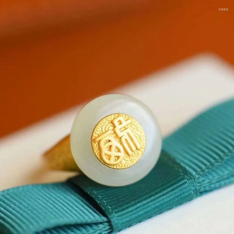 Кластерные кольца Дизайн натуральный гетанский белый нефрит регулируемый кольцо в китайском стиле ретро уникальные древние золотые кулонные ювелирные изделия