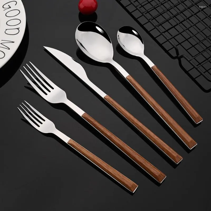 Flatware Sets 1/2/4Set Stainless Steel Dinnerware Cutlery Set Glossy Silver Wooden Tableware Western Knife Fork Teaspoon For