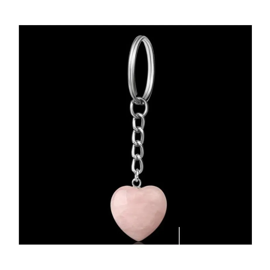 Llaveros Piedra natural Amor Corazón Llaveros Sier Color Cristal curativo Decoración del coche Llaveros Llavero para mujeres Hombres Entrega de la gota Jewe Dhd17