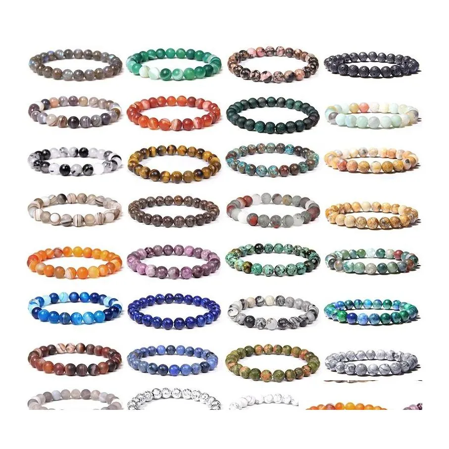 Beaded Lots Colors 8Mm Natural Stone Strand Bracelets For Women Elasticity Fluorite Agate Yoga Bangle Men Jewelry Drop Delivery Dhidf