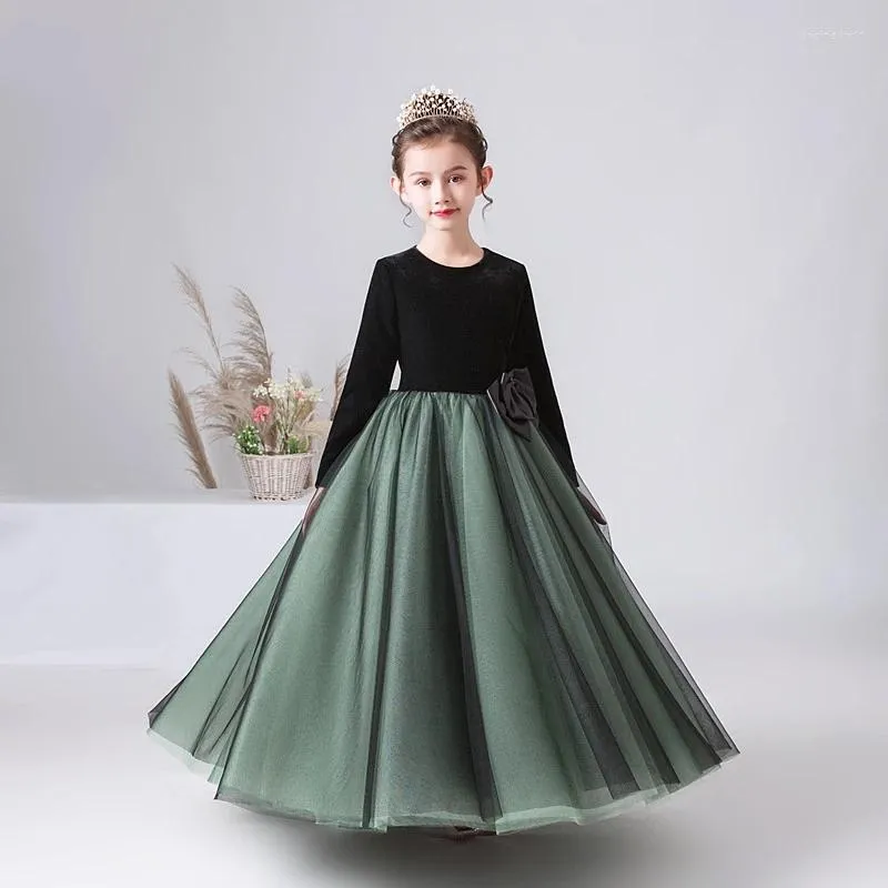 Meisjesjurken Kid Girls Princess Dress Jurk Vintage Velvet Formele Pageant -jurken Lange mouwen 2023 TULLE FLOOM Bruiloft Verjaardagsfeestje