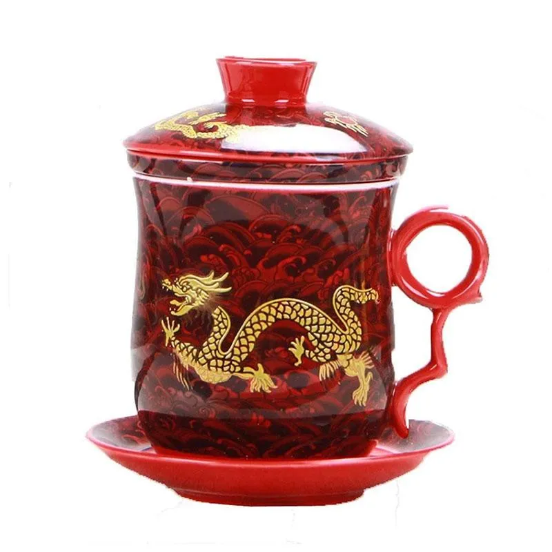 Kit de 4pcs de canecas de dragão chinês Padrão de chá de chá com infusador de filtro e pires de pires de tampa caneca de porcelana de porcelana