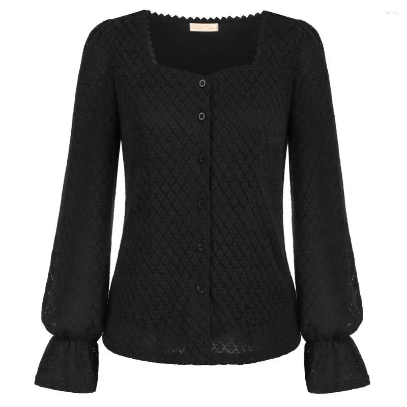 البلوزات النسائية BP Women Lace Lace Tops منتفخ طويل الأكمام مربع الحبيبة زر العنق تباع جوفاء Out Office Office Lady Workwear