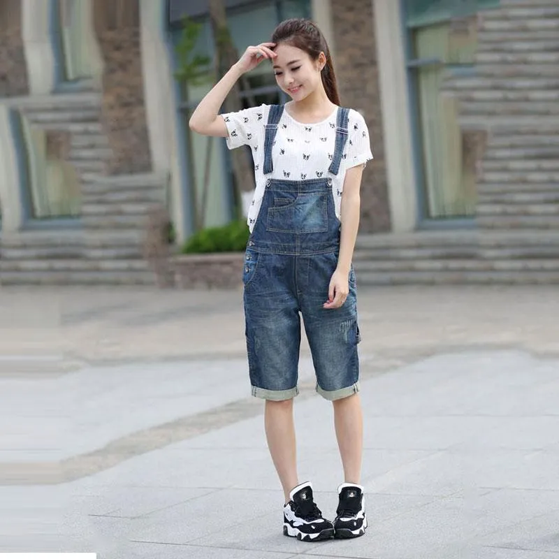 Combinaisons en jean pour femmes, barboteuse décontractée, ample, salopette courte en Denim, Version coréenne, grand short bleu taille haute, 2023