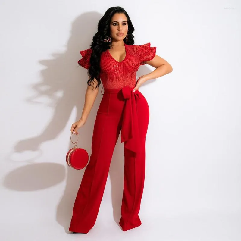 Ethnic Clothing Elegant African Jumpsuit For Woman Dashiki Sequin Rompers Plus Size Long Jumpsuits Sexy Short Sleeve Red Year Party