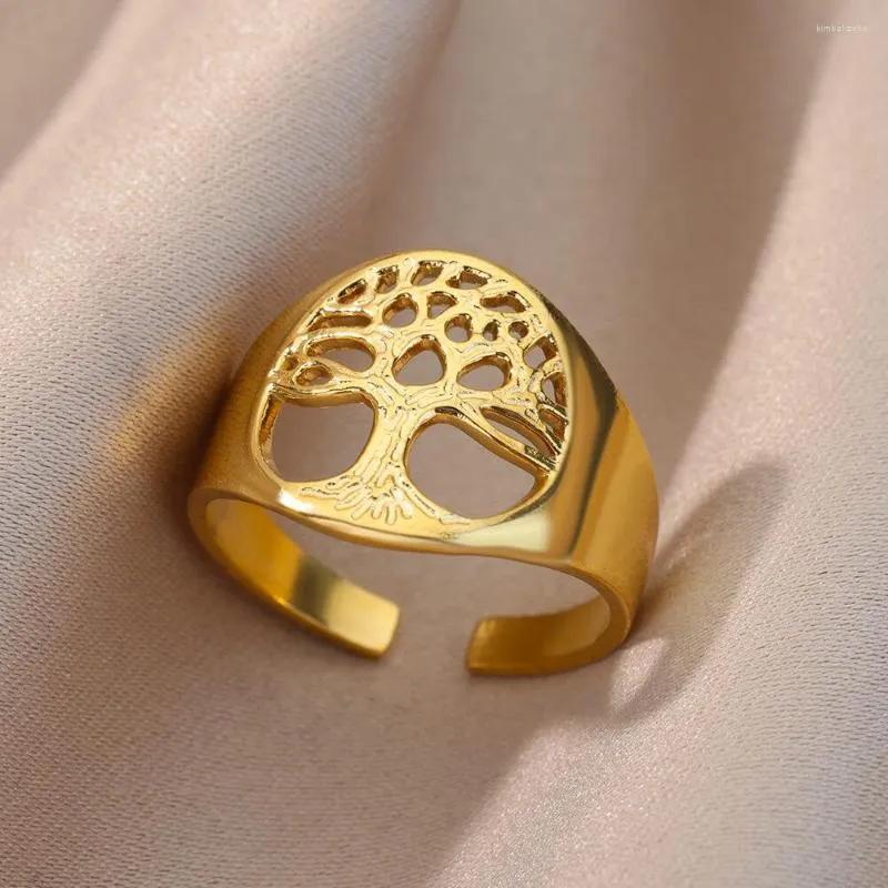 Wedding Rings Tree Of Life Open Adjustable For Women Gold Color Stainless Steel Men Ring Vintage Punk Couple Jewelry Gift