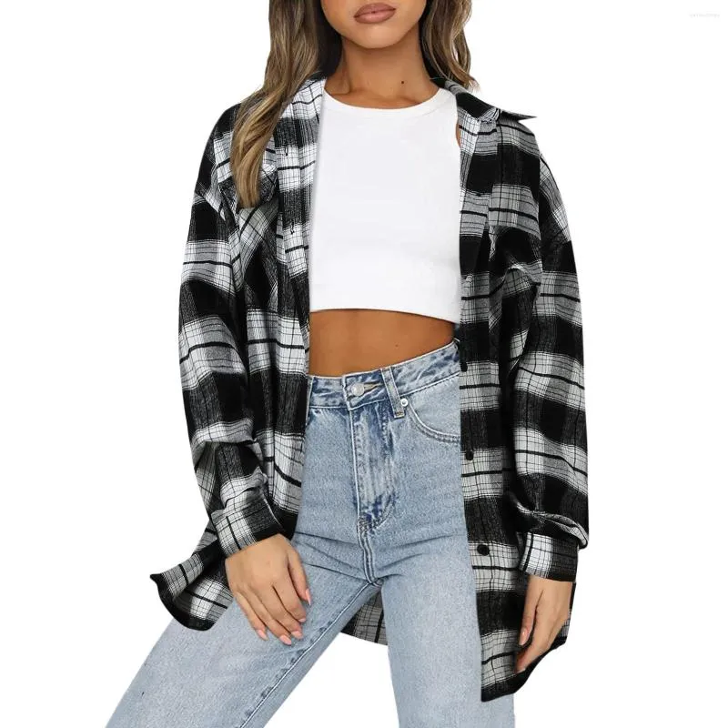 Women's Blouses Half Sleeve Tee Womens Dress Shirt Button Women Casual Loose Lapel Plaid Printing Thin Long Athletics