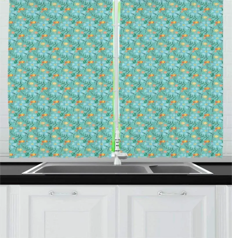 Curtain Turquoise And Flower Kitchen Curtains Repetitive Floral Pattern Flourishing Summer Foliage Window Drapes