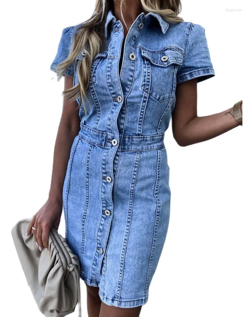 Party Dresses 2023 Summer Retro Light Blue Short Sleeve Denim Dress For Women Fashion Slim Jeans Office Ladies Casual Clothes S-XL