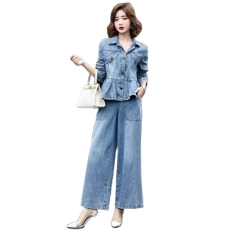 Women's Two Piece Pants Denim Set 2023 Spring Female Korean Cowboy Ladies Jacket Wide Leg Suit Lady Trousers SetWomen's