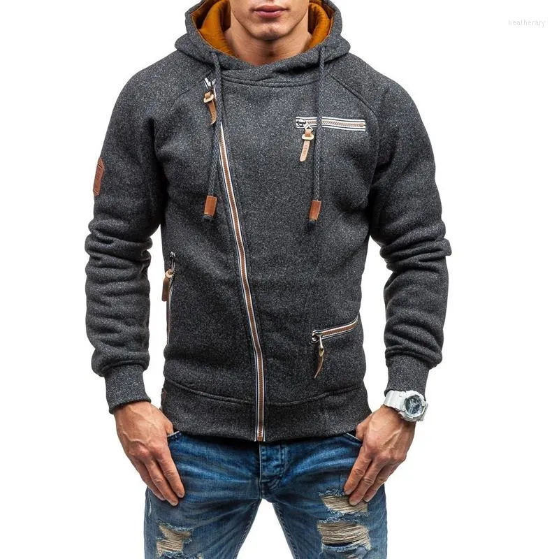 Men's Hoodies Coat Oblique Zipper Hooded Sports Fitness Sweatshirt Tops Fashion Pullovers Gray Black Warm Winter Sport Clothes