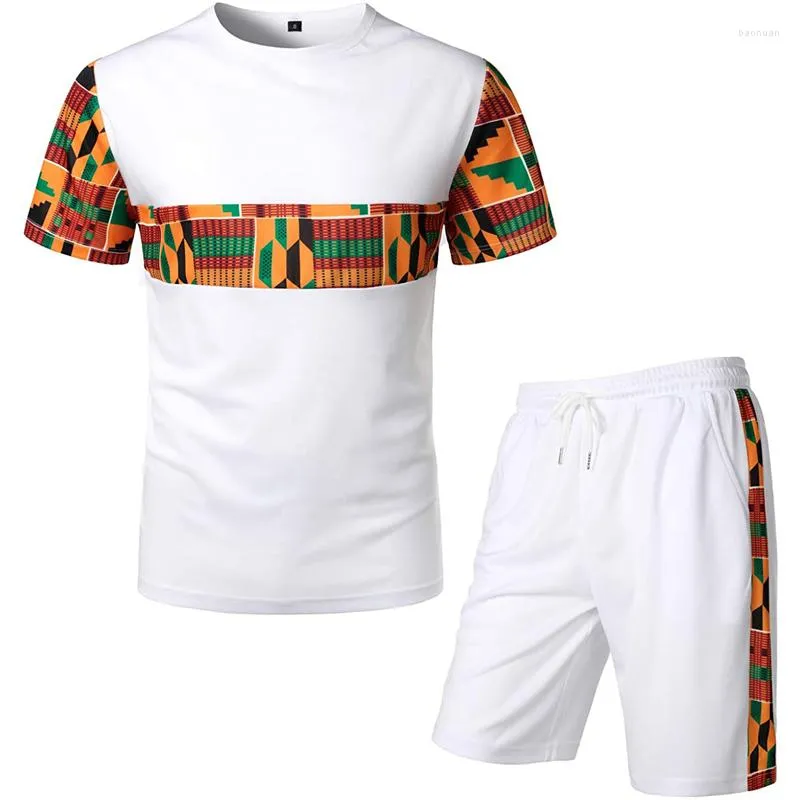 エスニック服夏アフリカのダシキプリントトップパンツセット2ピース衣装半袖男性服カジュアルスーツ
