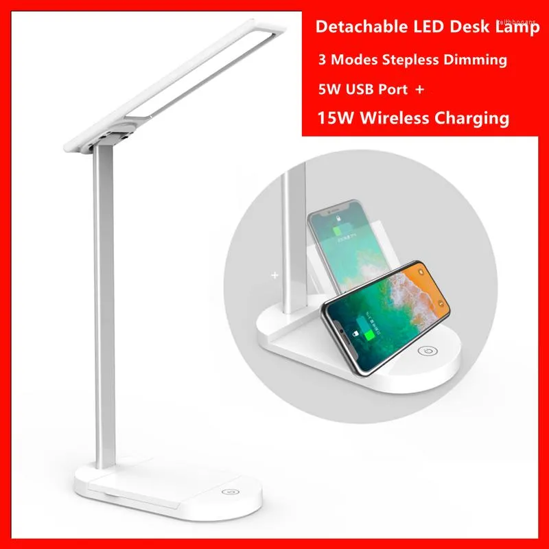 Lampade da tavolo Lampada a LED 3 in 1 con modalità caricabatterie wireless da 15 W Lampada da lettura dimmerabile per gli occhi Luci notturne da scrivania per gli studenti a casa