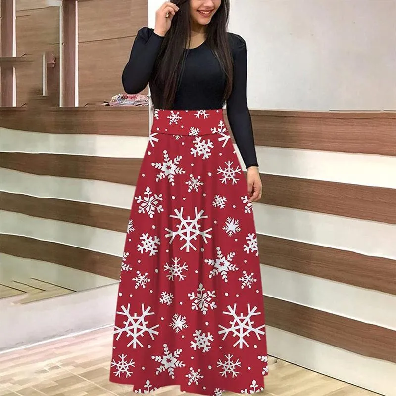 Robes décontractées 2023 Snowflake Print Dress Womens Christmas Splicing Loose Long Sleeve O Neck Roupas Femininas