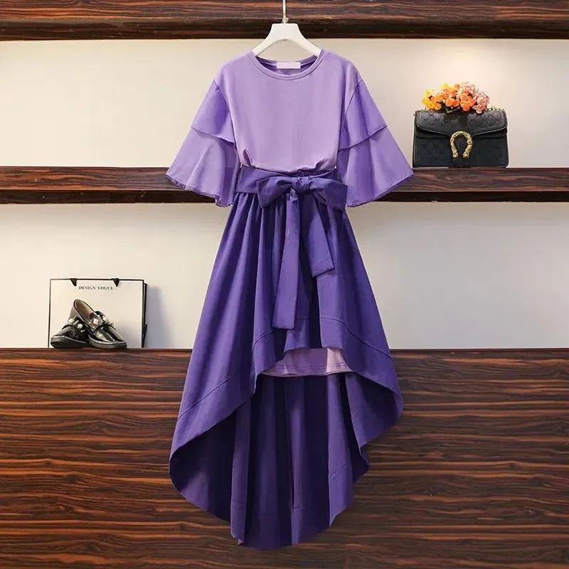 Robes de soirée d'été, plus la taille des vêtements pour femmes Minceur et réduction de l'âge Les filles portent une jupe violette avec un costume Fashion A-line SkirtParty