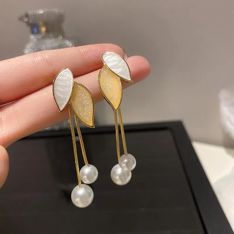 Dangle Earrings Chandelier Korean Pearl Leaf Tassel Pendant Fashion Temperament Long Women's JewelryDangle