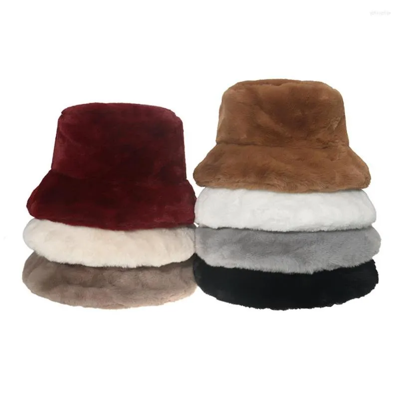 Boinas unisex sombrero de cubo de peluche de piel artificial para mujeres niña de color sólido