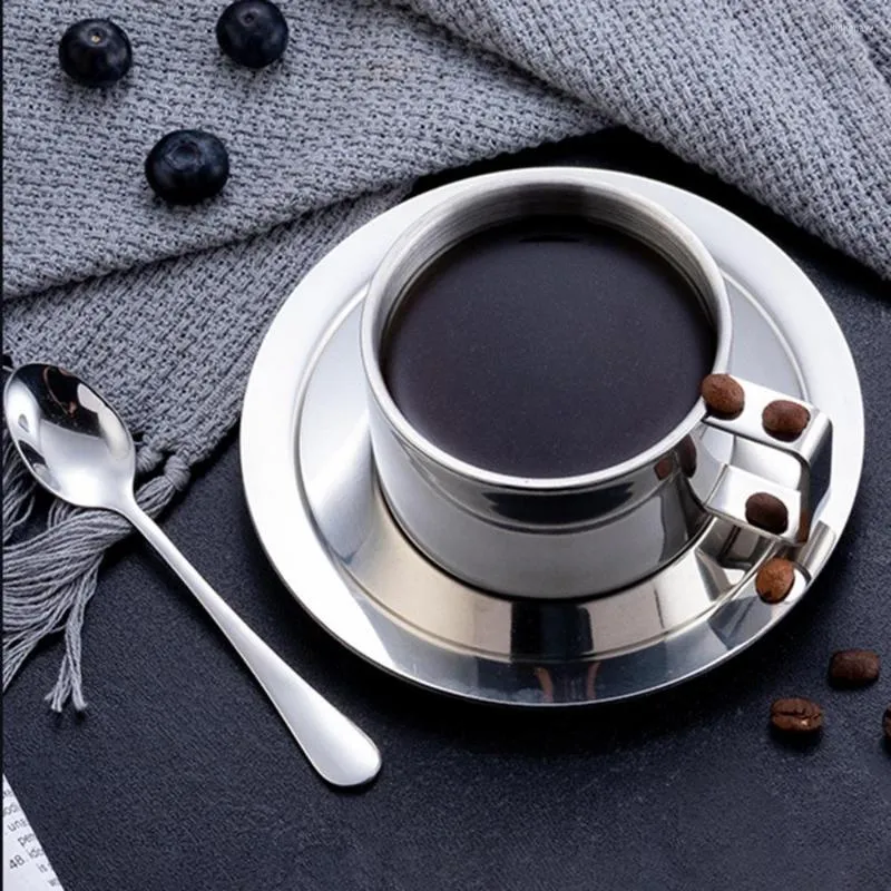 Xícaras pires de aço inoxidável design de camada dupla caneca isolada com colher de prato colher de café
