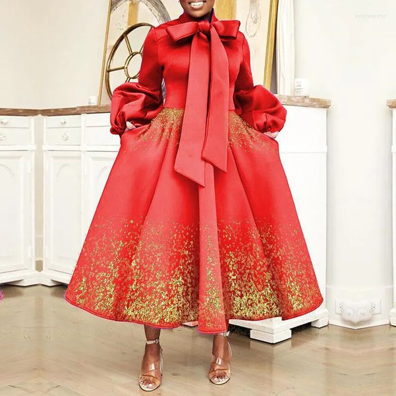 Abbigliamento etnico Abiti africani con collo a fiocco grande per donna Abito casual con stampa rossa con maniche a lanterna Abiti Dashiki Festa serale