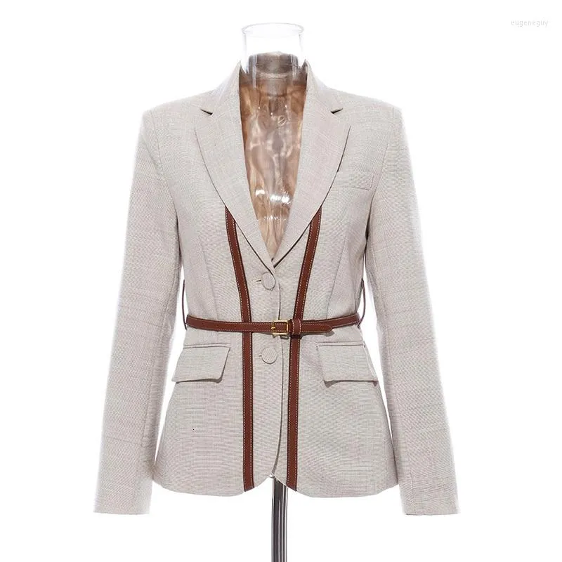 Damespakken patchwork riem hit kleur blazers vrouwen gekotte kraag lange mouw Engeland stijl vrouwelijke mode kleding 2023