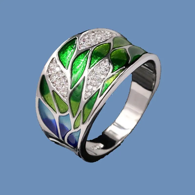 Обручальные кольца элегантный богемный стиль 925 Серебряный зеленый лист Эмаль листьев кольцо