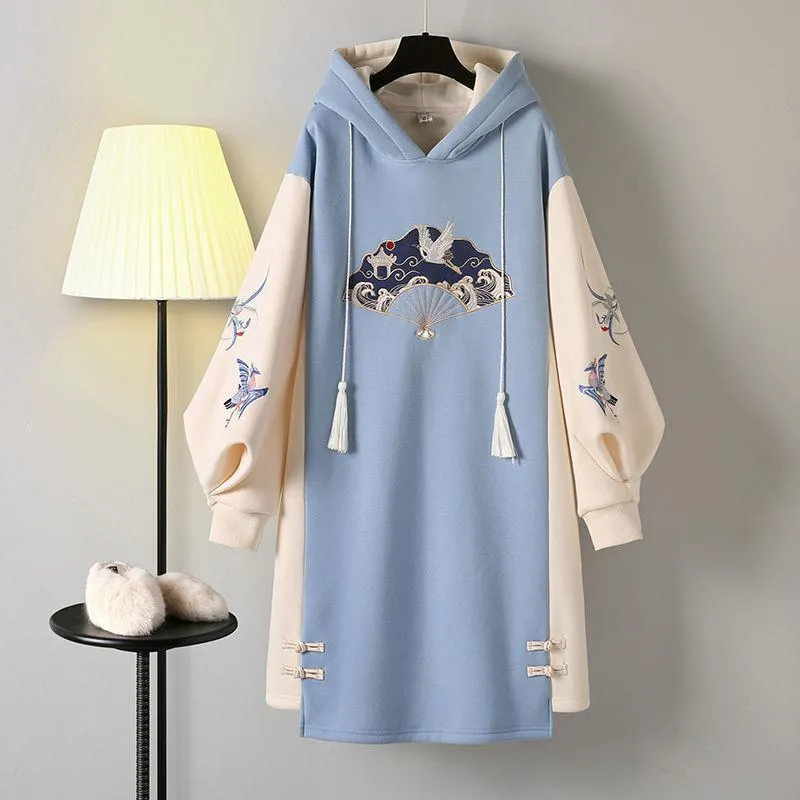 Kvinnors hoodies tröjor plus storlek Vestidos 2023 Spring Chinese Style Sweatshirt klänning Hanfu långärmad broderi tjock c