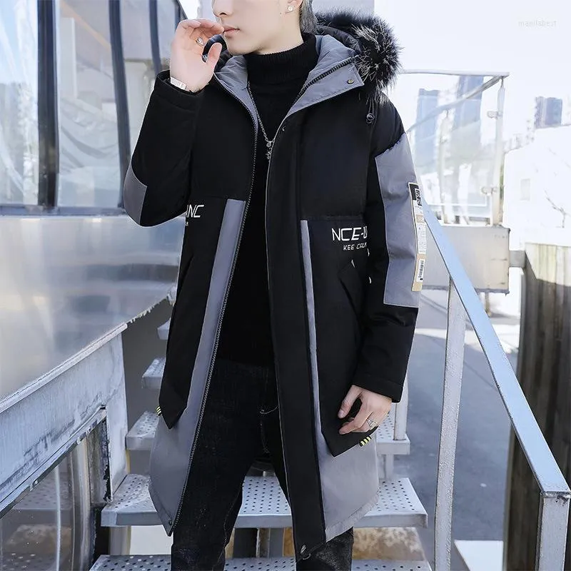 Men's Down 2023 Winter Cotton-Padded Coat Male Korean Hooded Thickened Youth L Fur Collar Long Cotton Jacket