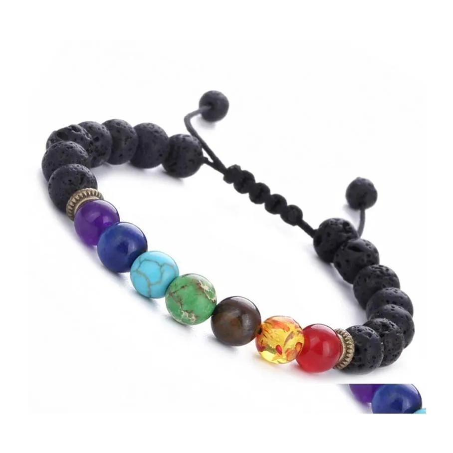 P￤rlstr￤ngar m￤n 8mm lava rock 7 chakras diffuser armband fl￤tat rep naturlig sten yoga p￤rlor armband f￶r kvinnor mode smycken othw