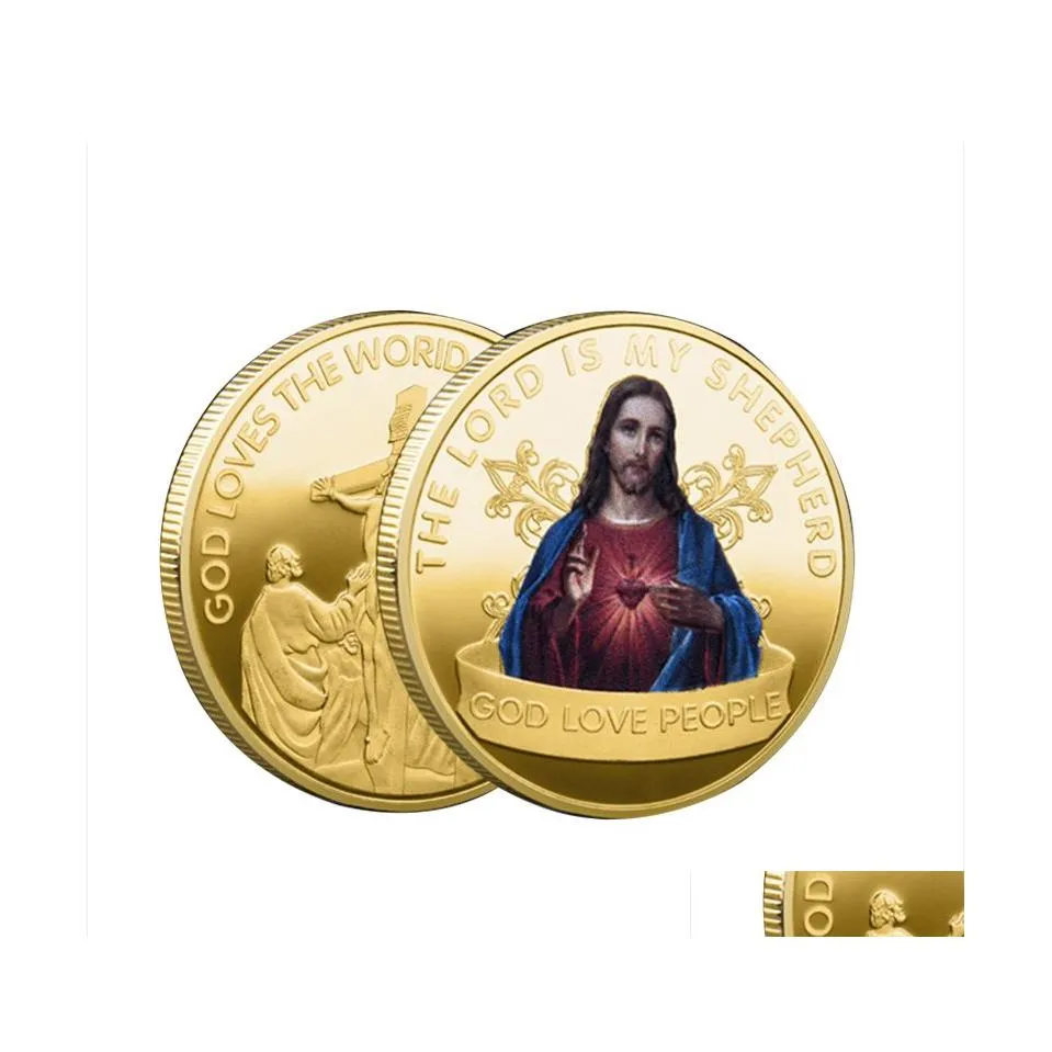 Autres Arts Et Artisanat 2023 Religieux Jésus Pièces Commémoratives Peint Badge Plaqué Or Collection Collection Souvenirs Pour La Maison De Dhsuc