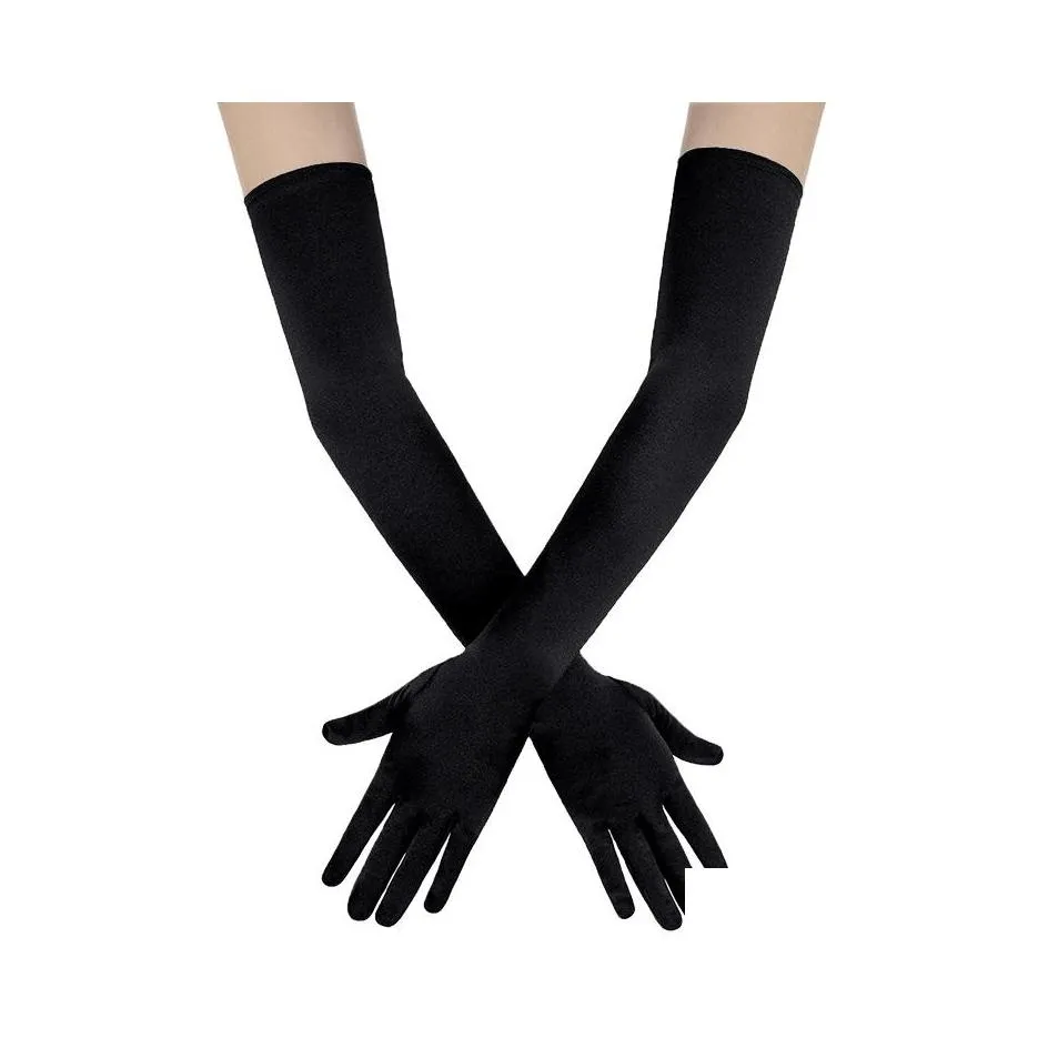 Five Fingers Gloves Fashion Stretch Satin White Glove Long Bridal Black Red Elbow Length Women Dance Party Wedding Fl Finger Mittens Ottib