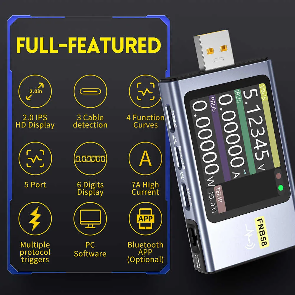 FNB58 USB-tester Voltmeter Ammeter Type-C Snelle lading Detectie Triggerstroomspanningsvermogensmetercapaciteitsmeting