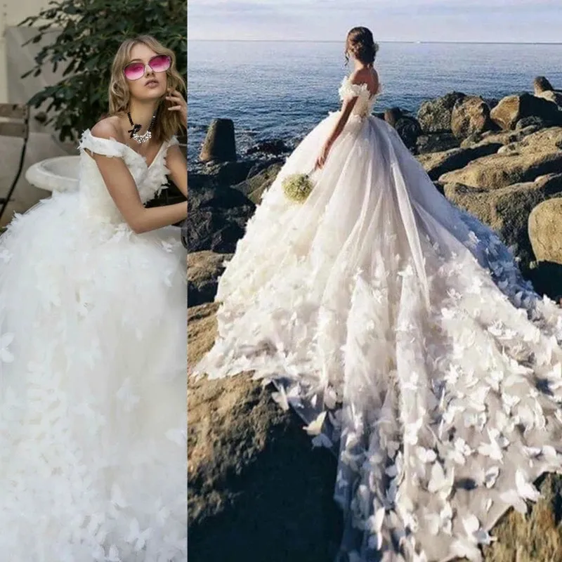 2023 Bridal Gowns Off The Shoulder Wedding Dresses 3D Butterflies Sweep Tain Vestidos De Noivas