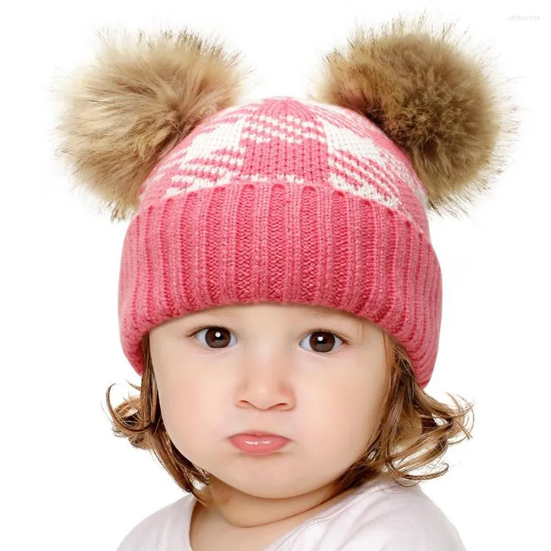 Berets Baby Children Beanie Hat Autumn Winter Stretchy Cotton Toddler Cap Double Fur Ball Top Boys Girls Spring Warm Solid Striated