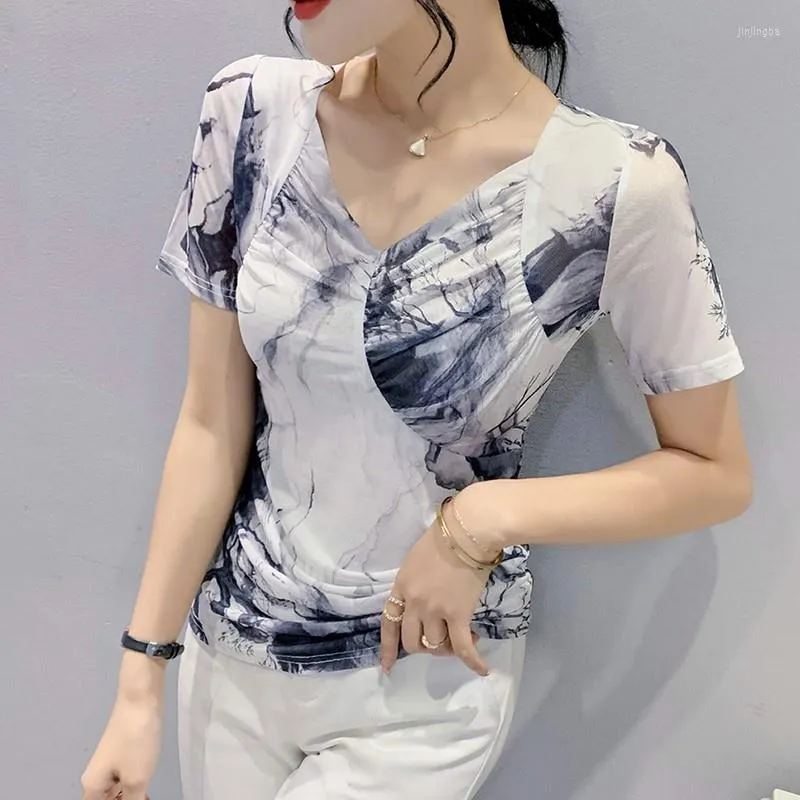 Women's T Shirts Tie Dyed Printed Mesh Shirt Women White Sexy Stretch Short Female V-neck Tight Woman T-shirts Thin Summer 2023