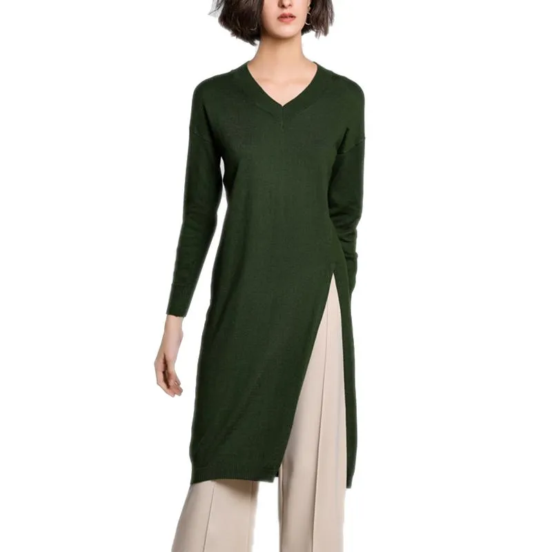 Robes décontractées Femmes Midi Robe Cachemire Laine Tricoté Col En V À Manches Longues Fendu Noir Vert Pull Coréen Femme Robes Mode 2023Casual