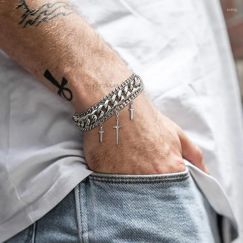 Braccialetti a maglie Bracciale tri cubano da uomo in acciaio inossidabile Curb Crusader Cross Sword Charm