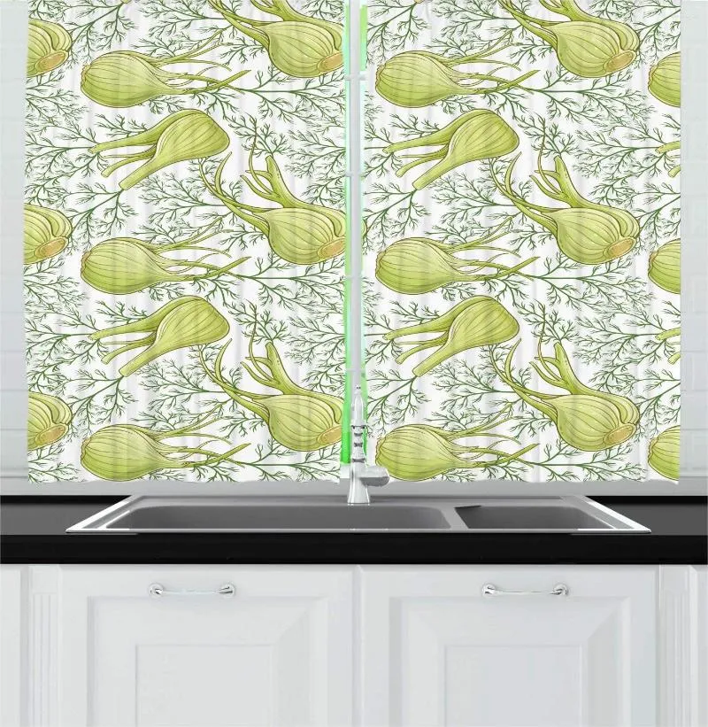 Cortina verde pálido e branca de cozinha de cozinha de cozinha de erva -doce tema de jardinagem tema de jardinagem perene ervas de cozinha de cozinha janela de comida