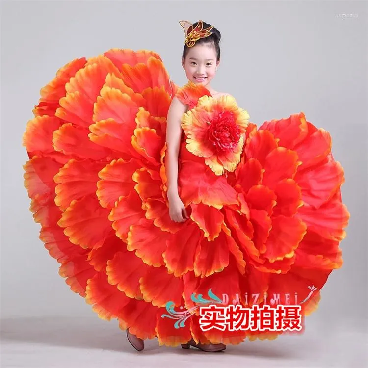 Bühnenkleidung Kindertanzkostüm Erweiterungsrock Modernes Performance-Blütenblatt Spanisches Flamenco-Kleid 540 720