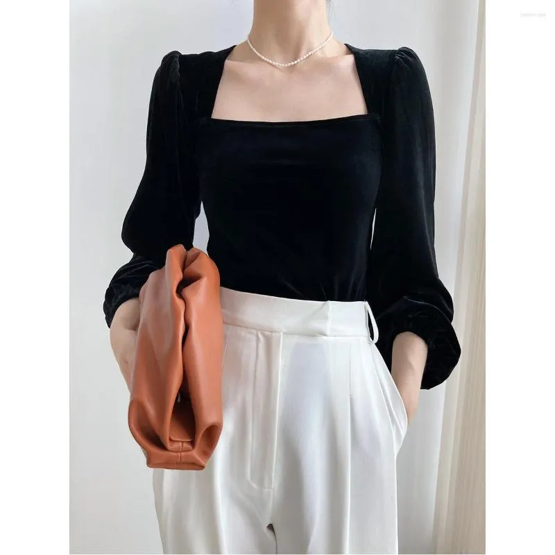 Women's T Shirts Black Velvet Square Collar Blouse Women's Autumn Puff Sleeve Shirt Long Low Neck Sexy Tops Korean Fashion