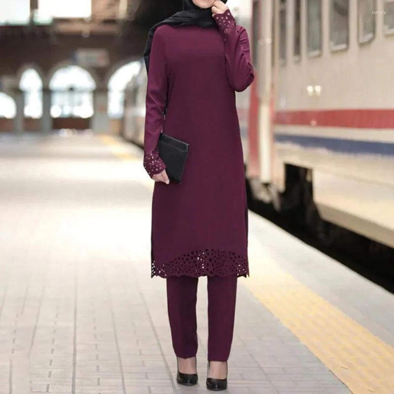 Robes décontractées Vêtements islamiques Pantalon Ensemble pour femmes Abaya Robe Musulman Mode Creux Solide Manches Longues Arabe Dubaï Mubarak Ladie