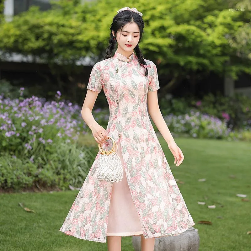 Ethnic Clothing Women Big Size Improve Qipao M-4XL Summer Chinese Lace A-Line Dress Sexy Slim Elegant Aodai Oriental Dresses Novelty