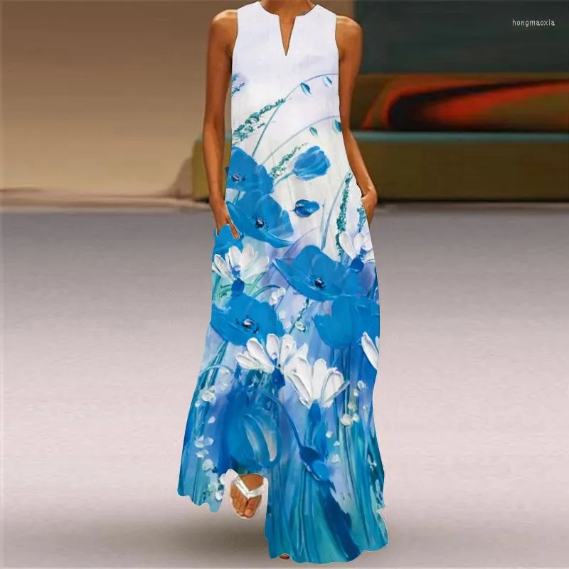 Casual Dresses Summer 2023 Women's Beach Sleeveless V-neck Printed Elegant Avant-Garde Party Fashion Flower Large Size Long Dress