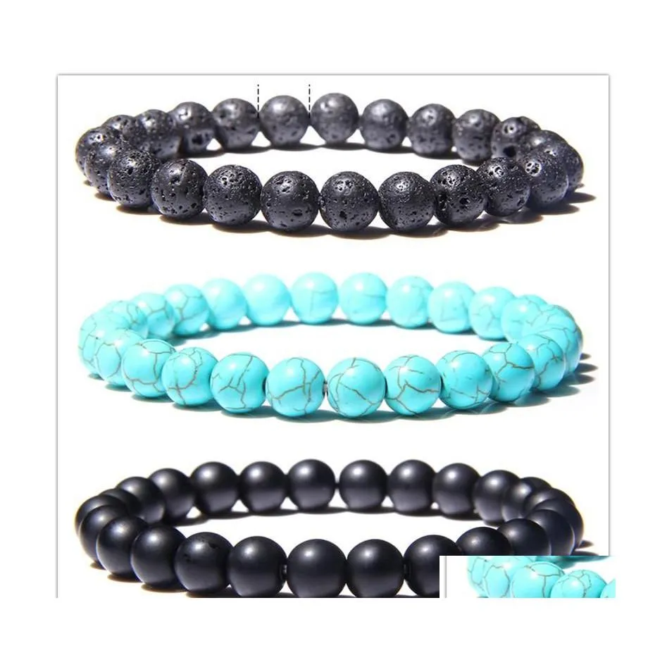 Minchadas 3 coloridas 8mm Black Lava Stone Stand Turquoise Bracelete Bracelete Esmal