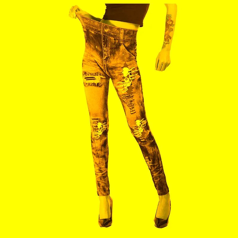 Kobiety legginsy kobiety Halloween Faux Dżinsy dżinsy nogi szkieletu nadruk cienki wysoki bawełniany bawełniane spodnie dresowe fitness Leggins