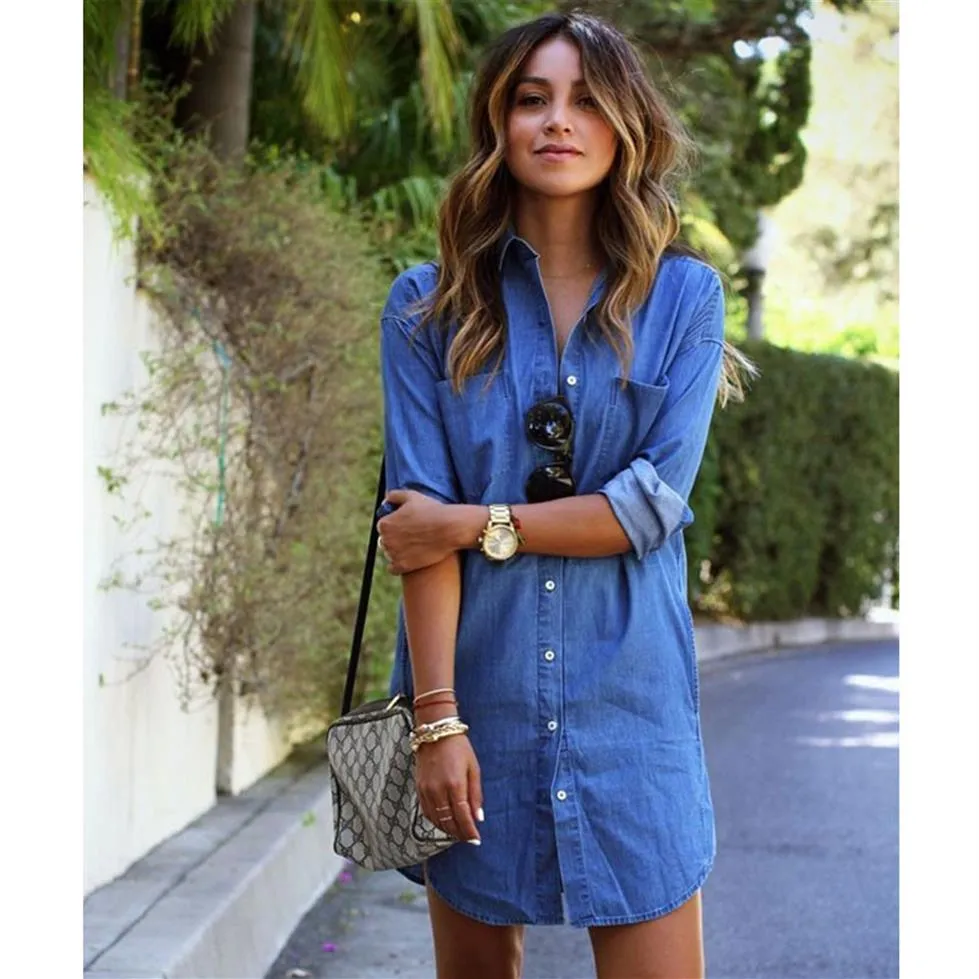 Summer Dress for Women Women'S Summer Casual Turndown Neck Denim Party  Dresses Long Sleeve Swing Dress Dresses Denim Blue M - Walmart.com