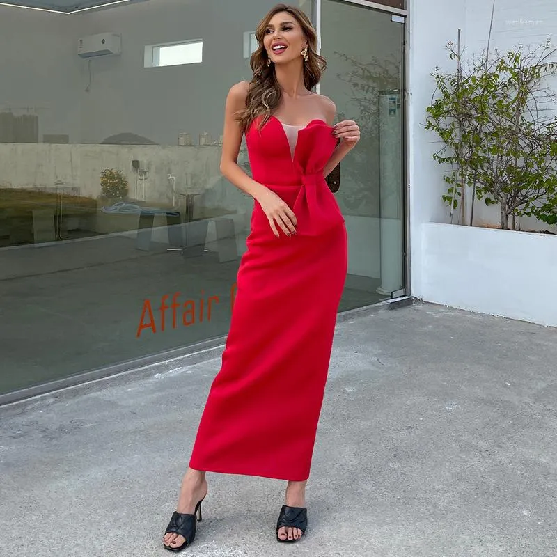 Casual Dresses Women Summer Sexig stropplös rygglös tank av axel Bow Celebrity Slimming Ankle-Length Evening Party Dress Red Red